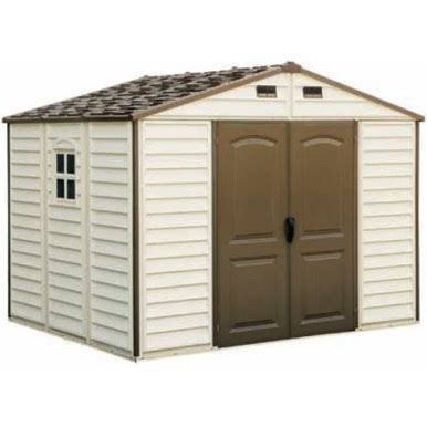 Duramax 10.5 x 8 Woodside Vinyl Shed with Foundation Duramax 10.5 x 8 Woodside Vinyl Shed with Foundation